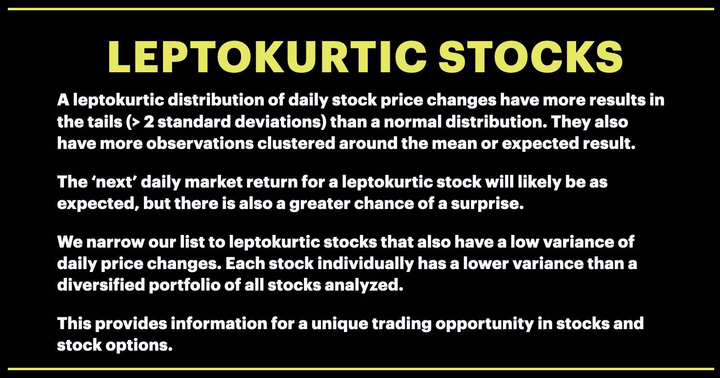 Presentation page on leptokurtic stocks, with yellow title and dark blue text.