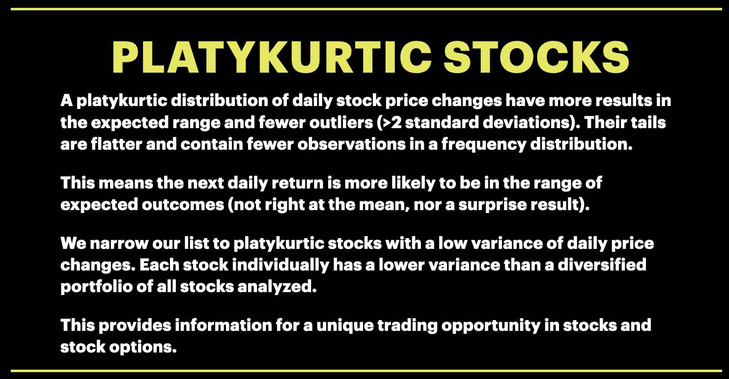 One page presentation of platykurtic stocks, with yellow title and blue text. 
