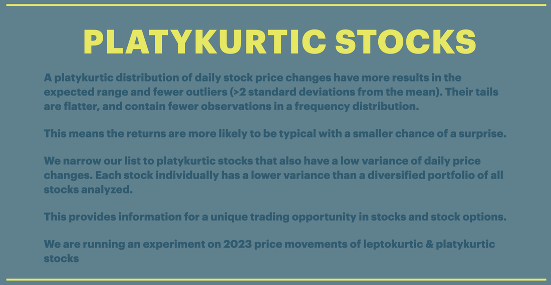 One page presentation of platykurtic stocks, with yellow title and blue text. 