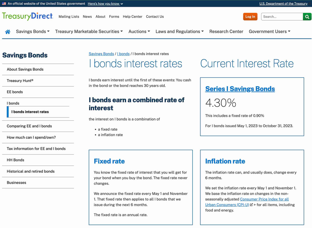 snapshot of the TreasuryDirect.gov website on i-bonds. White with black and blue letters.